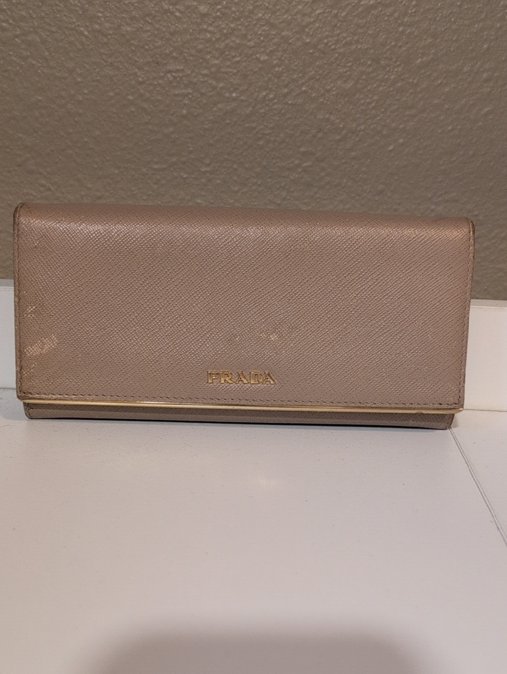 Prada Taupe Saffiano Leather Continental Wallet with Gold Trim